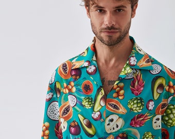 Chemise à manches courtes surdimensionnée aux fruits - Tissu en soie, motif tropical, chemise élégante, chemise pour homme, chemise hawaïenne, chemise douce, qualité, faite à la main