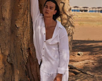 Mens White Muslin Shirt, Cotton Gauze Button Down, Boho Beach Wedding, Resort Wear for Men, Soft Crinkle Top, Yoga Loungewear