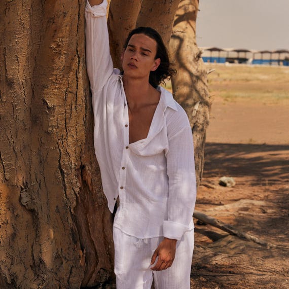 Mens White Muslin Shirt, Cotton Gauze Button Down, Boho Beach Wedding, Resort Wear for Men, Soft Crinkle Top, Yoga Loungewear
