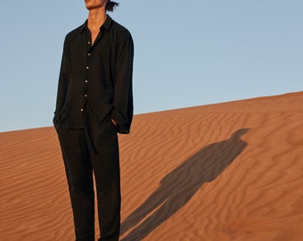 Men’s Black Muslin Two Piece Set | Relaxed Fit Cotton Outfit, Summer Beach Wedding, Modern Boho Resort Style