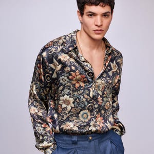 Night Songbird LongSleeve Shirt -Silk Texture,Silk Shirt,Stylish Shirt,Shirt for men,Summer Clouthing,Festival Shirt,Men’s Soft Feel Shirt