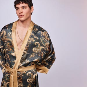 mens silk dressing gown dragon Men Silky Satin Kimono Robe Soft Dragon Dressing Gown Bathrobe Male Lounge Home Wear Sleepwear Plus Size M-7XL,Black,M at Amazon Men's Clothing store