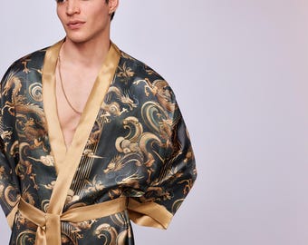 Golden Dragon Kimono,Silk mens kimono robe&pants,Boheme dressing gown for man,Bohemian dressing gown,valentines day gift for him different”