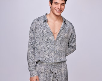 Snakeskin Matching Set – Men’s Festival Shirt Pants, Animal Print Loungewear, Natural Fabric Co-ord for Vacation & Night Events,Resort Men