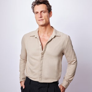 Beige Long Sleeve Shirt - Viscose Fabric, Minimalist, Stylish Shirt, Shirt for men, Elegant Long Sleeve Shirt, Father Days,Black Shirt,Gift