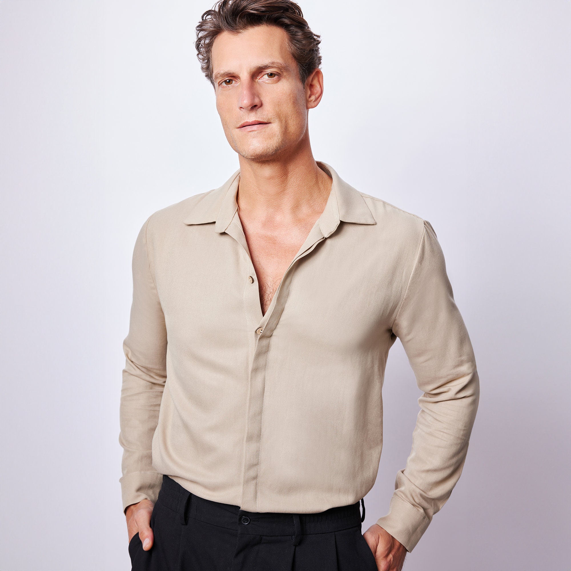 beige long sleeve dress shirt Viscose for Men Minimalist Soft Casual Button Down Shirt Neckline:BOAT US Space Force unveils Size:US Shoe Size 8-12 to style worn on