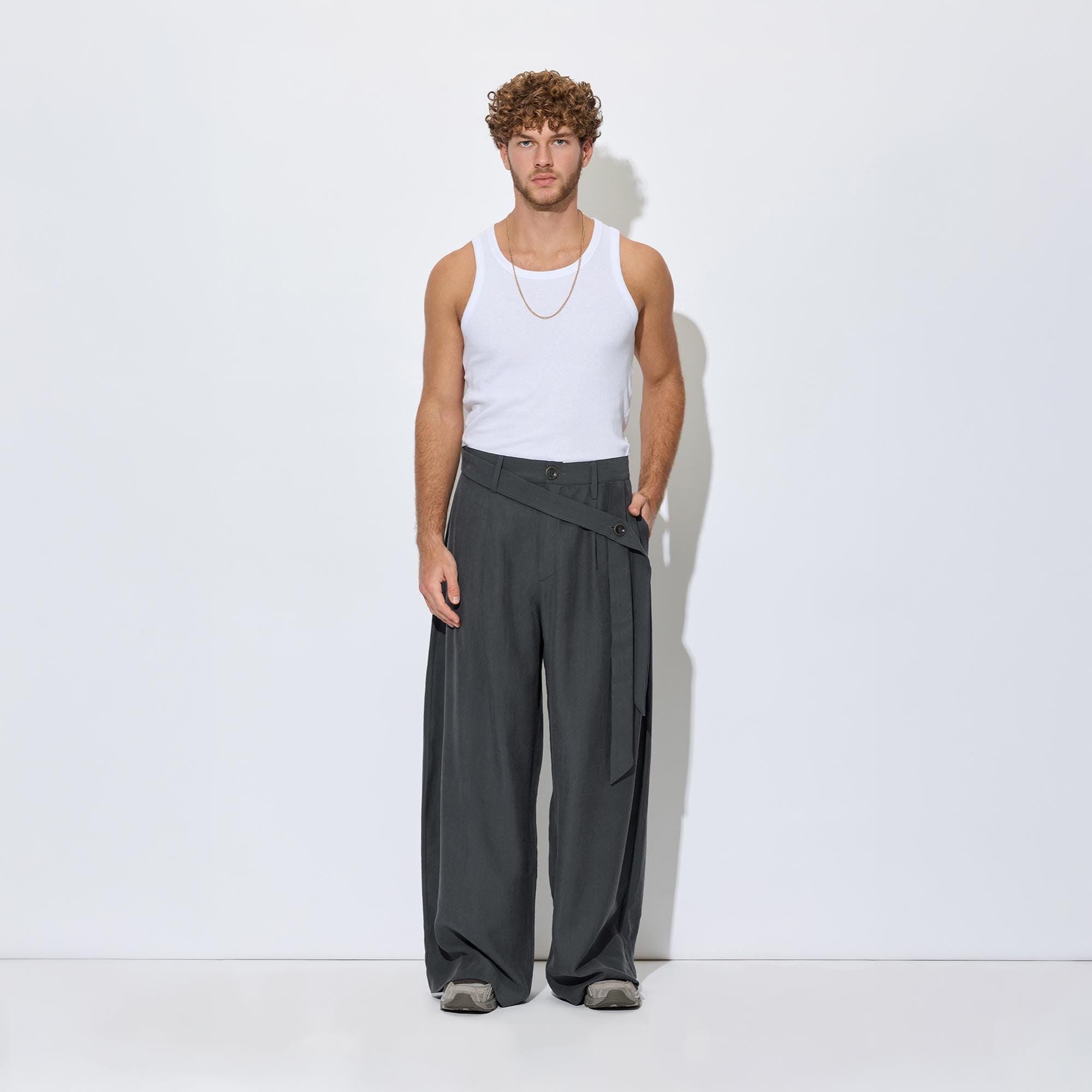 Men's Wide Leg Belted Trousers - Anthracite Relaxed Fit Modal