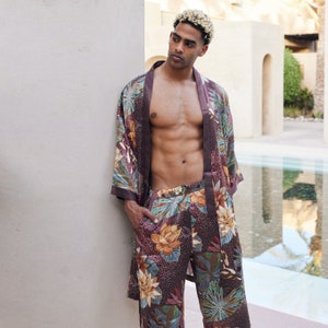 Floral Kimono,Silk mens kimono robe&pants ,Men's kimono,Valentinesday Gift, Luxury long satin bathrobe,Long silky robe,giftforhim image 5