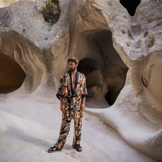 Luxury Kimono Set for Men, Artistic Printed Robe and Pants, Statement Resort Outfit, Bohemian Lounge Wear, Bold Festival Clothing
