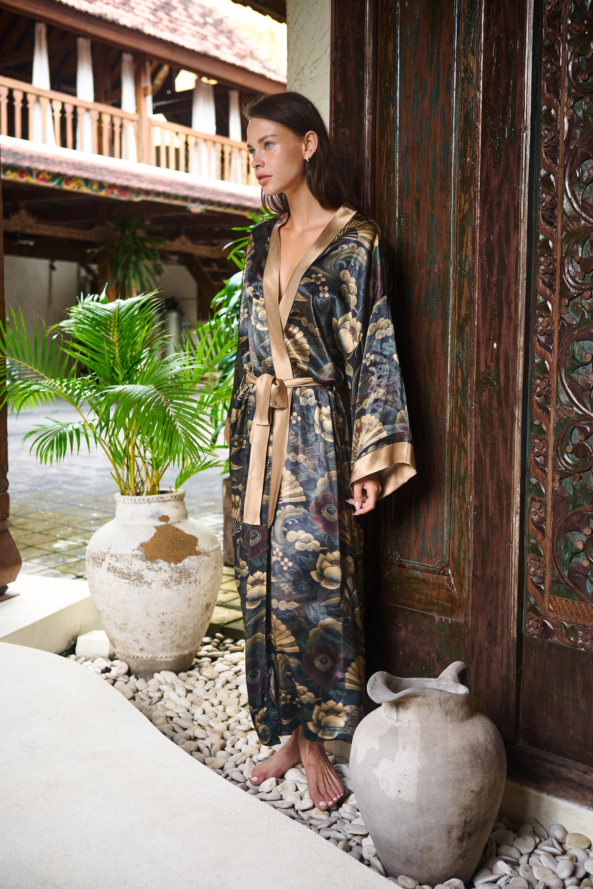 Light Robe Japanese Luxury Silk Robe With Japanese Print, Long Kimono Dressing Gown, Gold ...
