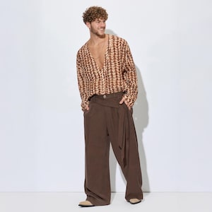 Chevron Kimono Herrskjorta, Djup V-ringad Kraglös Topp, Retro 70-tals Festivalkläder, Unik Gåva till Honom