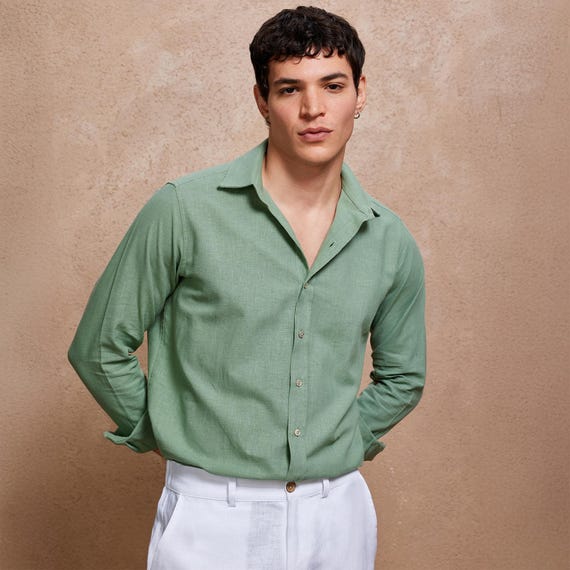 Men's Sage Green Linen Shirt | Slim Fit Button Down | Boho Wedding Groomsmen Attire |