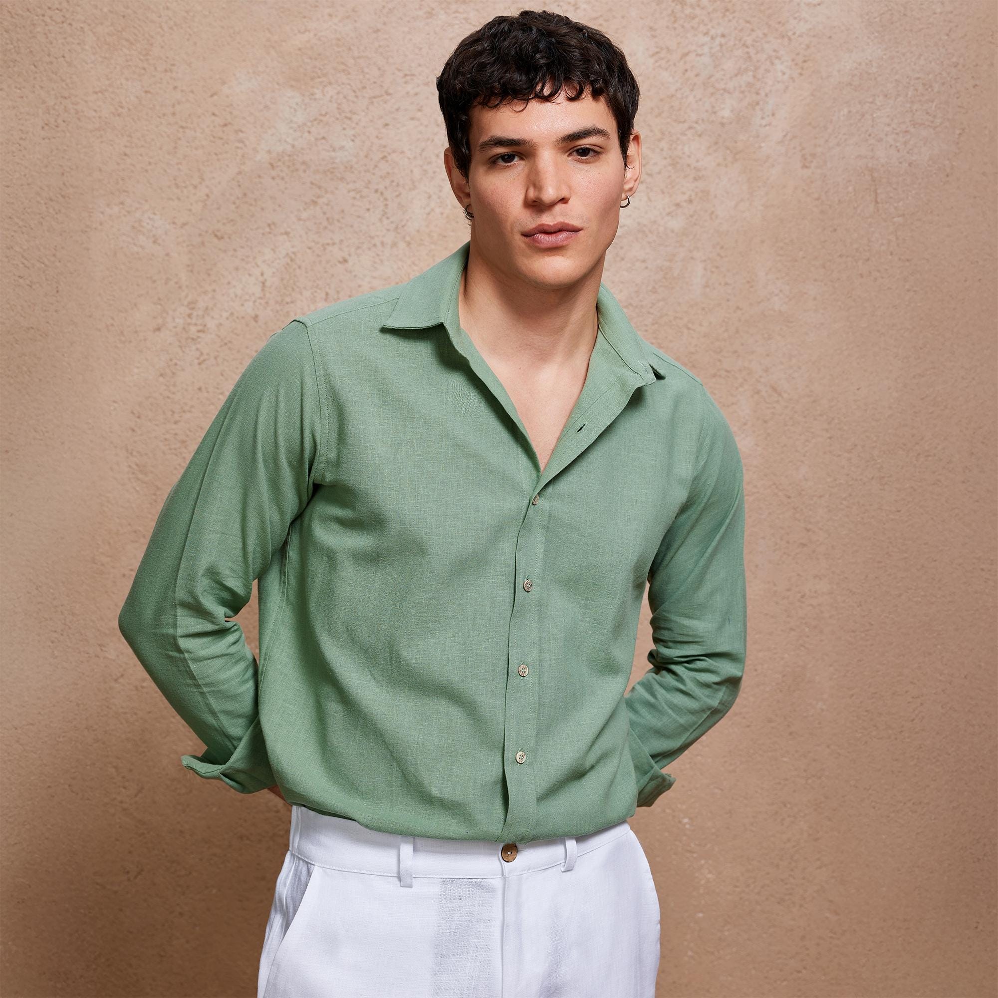 slim fit dress slacks Hisdern Sage Green Cloud Stretch Dress Shirt for Corporate Workwear M