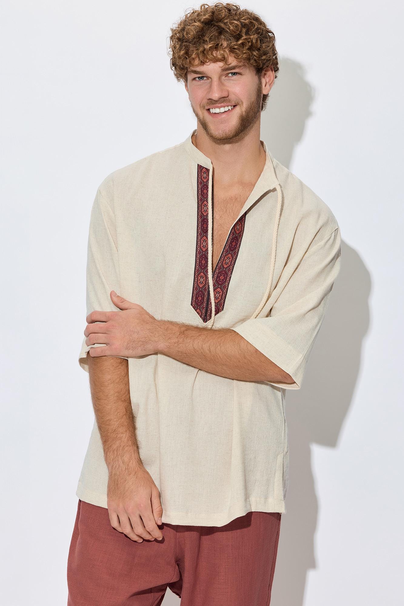 Maroon Border Trim Turkish Cotton Gauze Men's Shirt, Oversize V