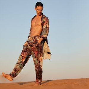 Floral Pants Men – Boho Relaxed Fit Trousers – Silk Feel Summer Pants – Festival Wear – Botanical Print – Lightweight & Soft,Botanical Print