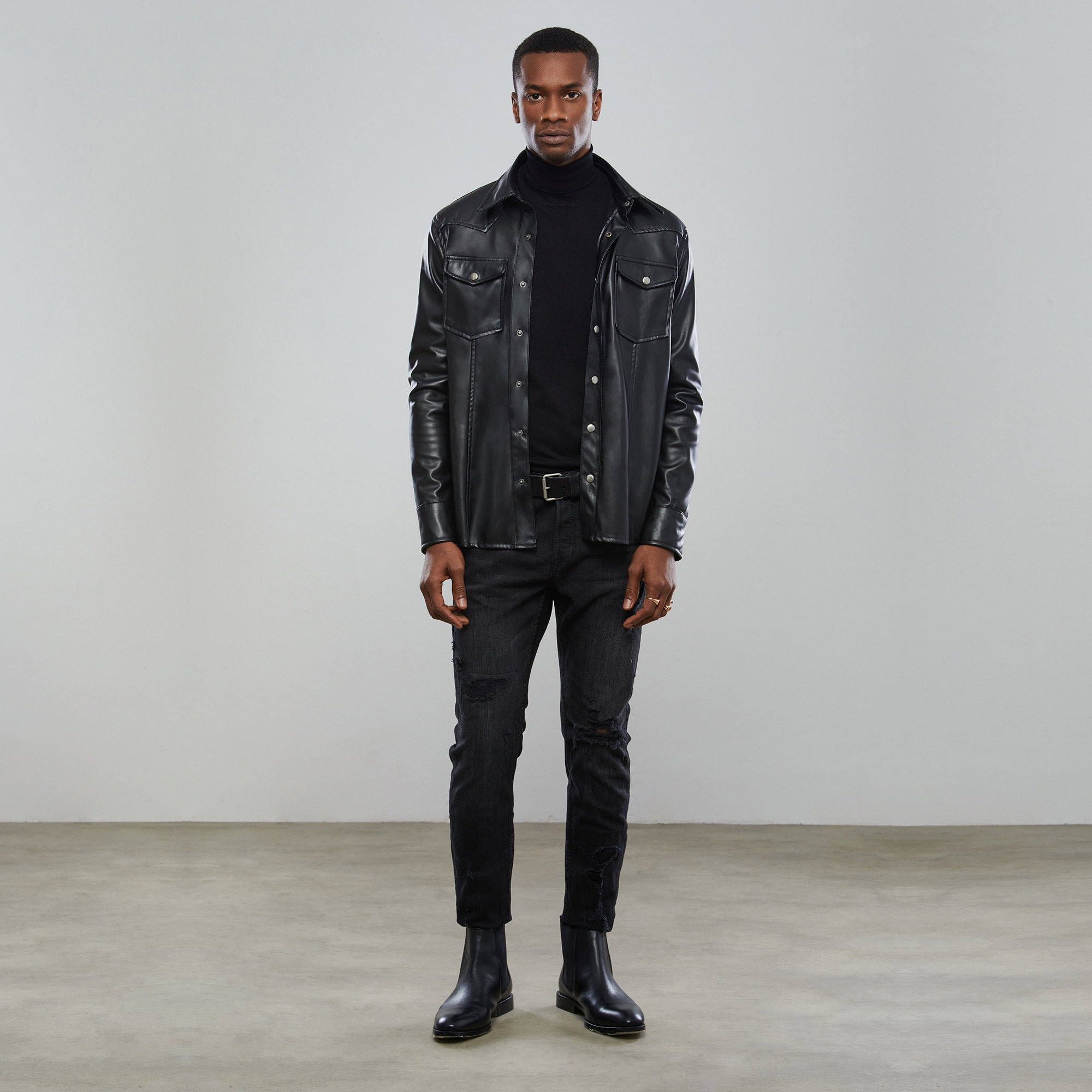 メンズ ブラックレザー ウエスタンシャツ | スリムフィット スナップ