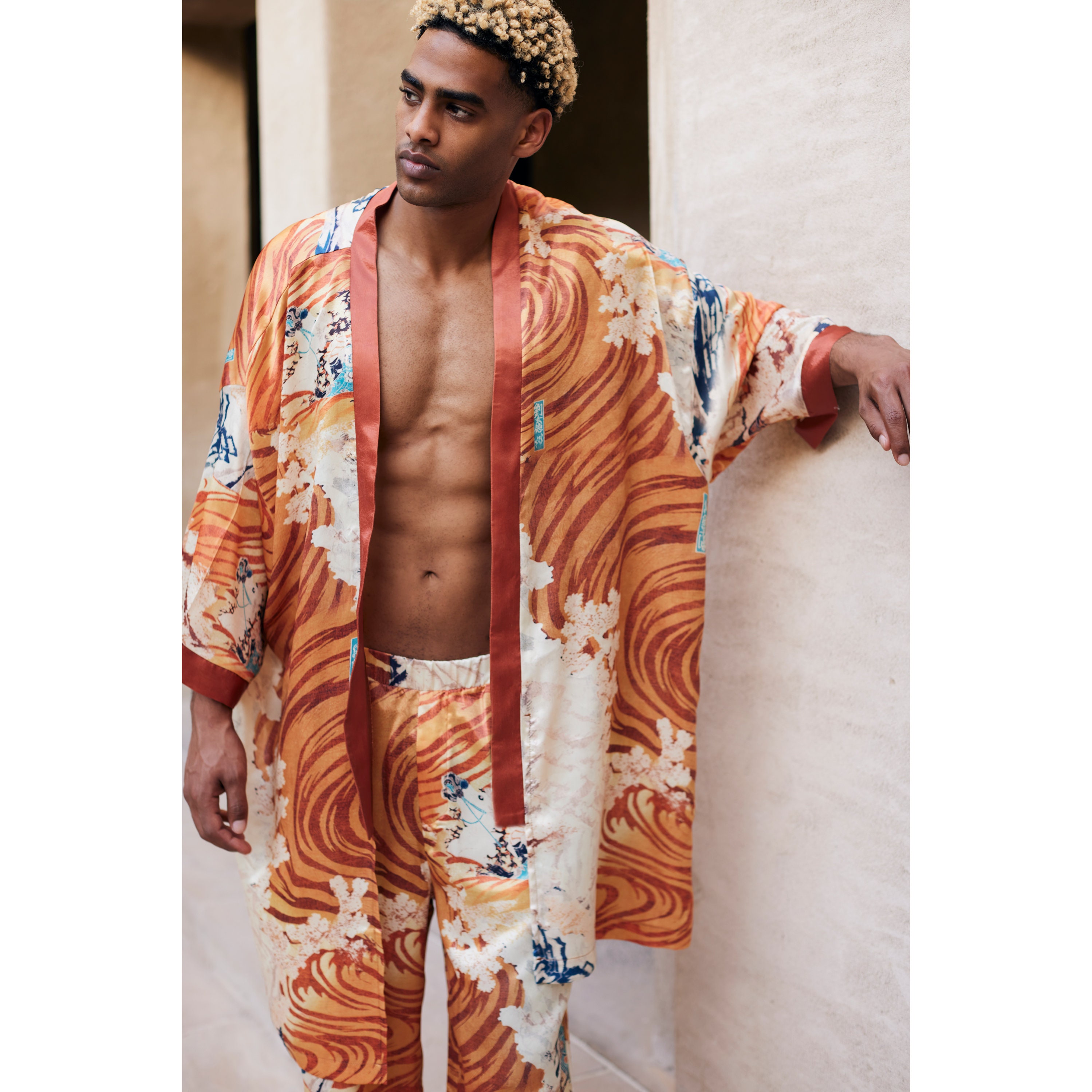 Okimami Kimono,silk Mens Kimono Robe&pants ,boheme Dressing Gown for