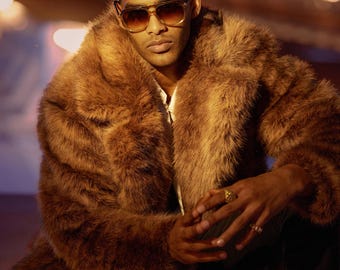 Koslows ブラウン毛皮コート 新品 ブラウン フェイクファー＆レザーコート ジャケット メンズ