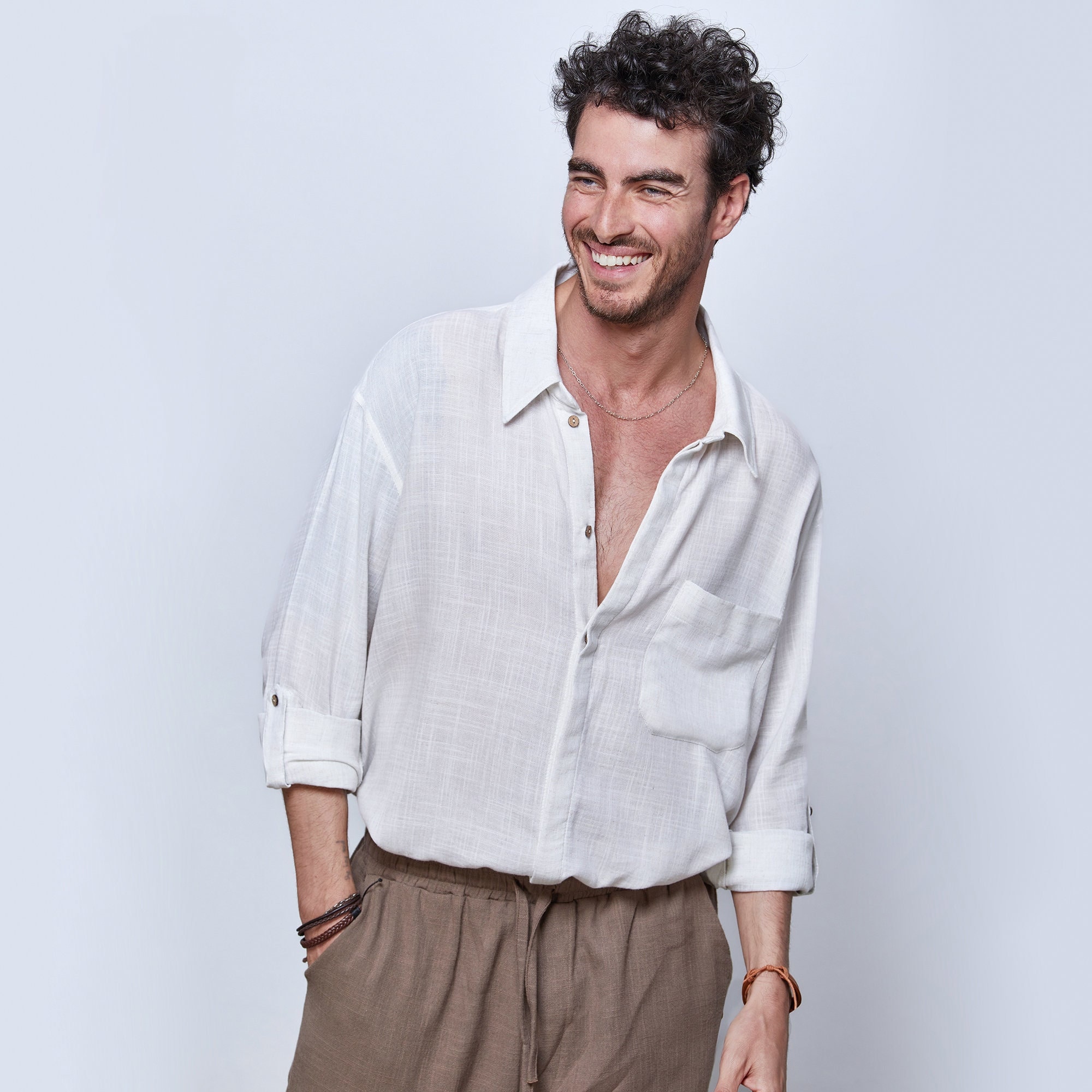 Off-white %100 Linen Oversize Shirt , Loose Fit, Stylish