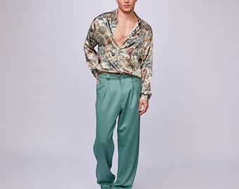 Mint Green Men Palazzo Pants, Wide Leg Sage Trousers, Retro 80s Miami Style, High Waisted Pleated Chino, Festival Outfit