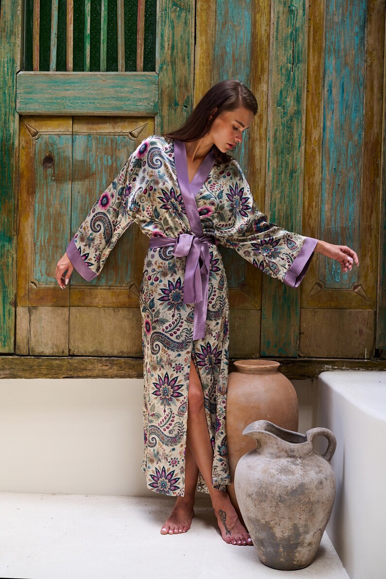 Boho Chic Kimono Robe, Pastel Floral Long Dressing Gown, Elegant Bridal ...