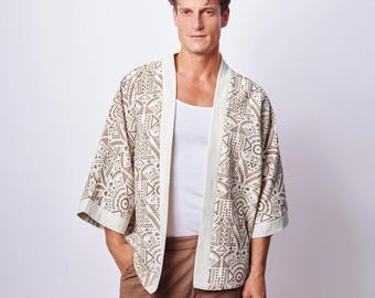 Chaqueta tipo kimono boho para hombre, cárdigan ligero, ropa de playa de inspiración azteca, atuendo boho para festivales, kimono de muselina con estampado étnico, Giftforhim