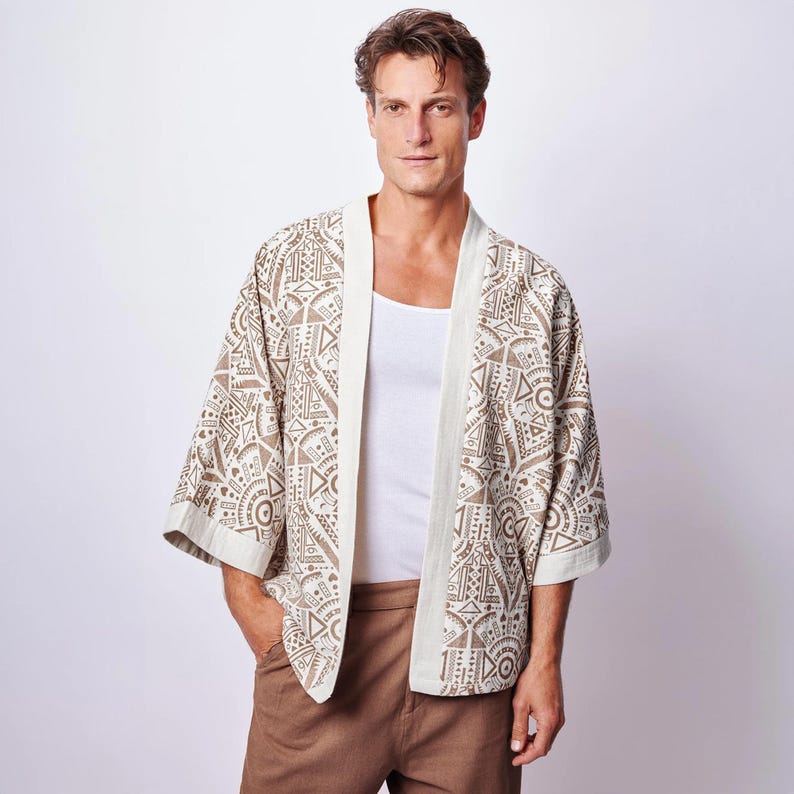 Chaqueta tipo kimono boho para hombre, cárdigan ligero, ropa de playa de inspiración azteca, atuendo boho para festivales, kimono de muselina con estampado étnico, Giftforhim imagen 1