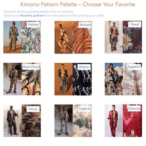 May include: A collage of nine images showcasing different kimono patterns. Each image features a man wearing a kimono with a different pattern, including paisley, floral, ethnic, and tropical.