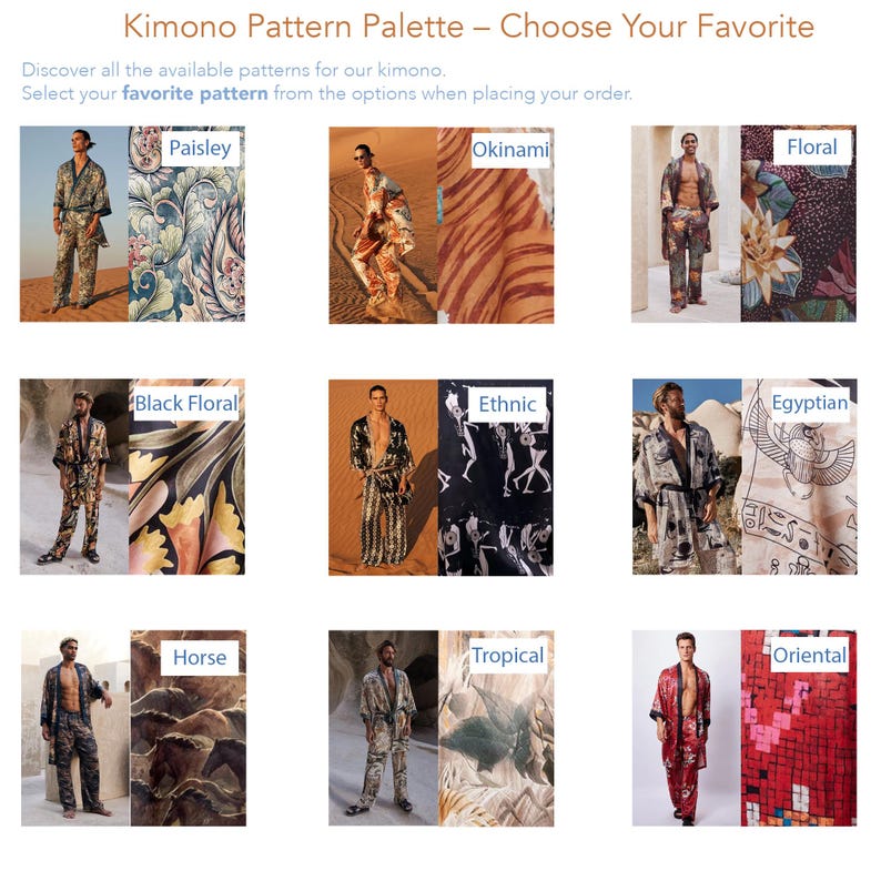 May include: A collage of nine images showcasing different kimono patterns. Each image features a man wearing a kimono with a different pattern, including paisley, floral, ethnic, and tropical.