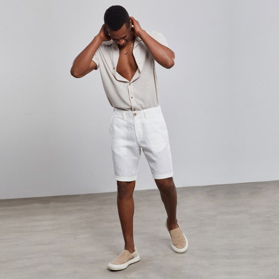 White Linen Deluxe Shorts,organic Linen Shorts Men,& Linen Mens