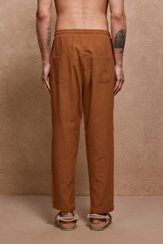 Camel Linen Drop Crotch Pants Men Boho Salwar Fit Yoga Festival