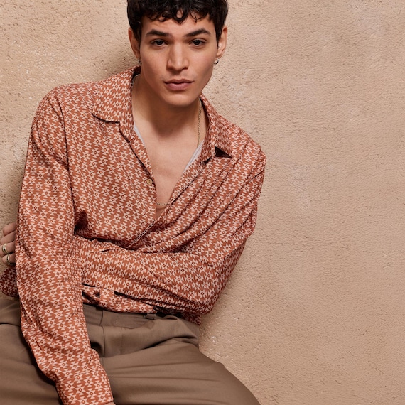 Retro Rust Geometric Shirt – Natural Fabric, Oversized Men’s Long Sleeve, 70s Style Earth Tones, Boho Fall Shirt,Minimalist clothing