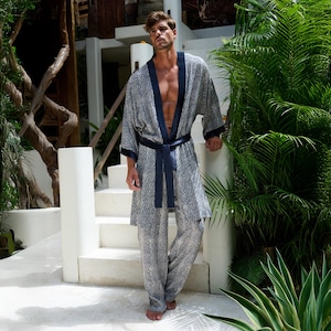 Lian Kimono Set – Men’s Floral Wave Shirt & Pants, Relaxed Fit Boho Outfit, Natural Fabric Resort Loungewear,Silk Men&#39;s Clothing,