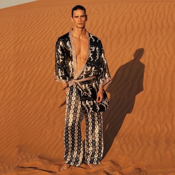 Ethnic Kimono,Silk mens kimono robe&pants ,African Kimono , Luxury long satin bathrobe,Men's kimono,Long silky robe,giftforhim,father gift