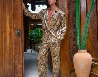 Golden Bloom Matching Set – Men’s Vintage Floral Shirt & Pants, Festival Co-Ord Outfit, Boho Loungewear, Natural Fabric Clothing