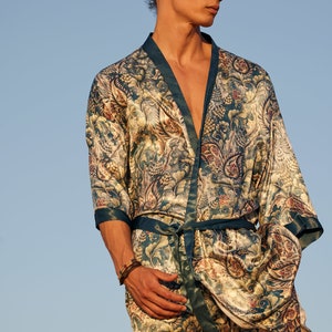 Silk mens kimono robe,Men's kimono,Boheme dressing gown for man,Long satin bathrobe,Bohemian dressing gown,Long silky robe,Ethnic Kimono image 3