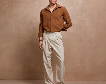 Beige Pleated Men Trousers, High Waisted Wide Leg Pants, Old Money Aesthetic, Retro 50s Style, Smart Casual Chino, Wedding Guest
