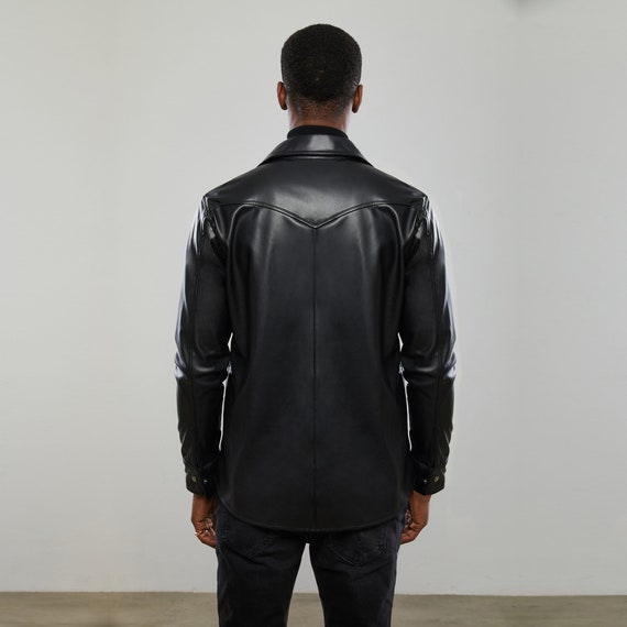 メンズ ブラックレザー ウエスタンシャツ | スリムフィット スナップ