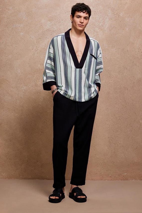 Handmade Gypsy Cotton Striped Retro Shirt – V-Neck, Long Sleeve, Embroidered, Fringe – Boho Chic – S50