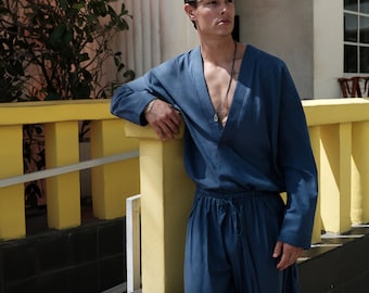 Blauer Kimono, Herren-Kimono-Robe und Hose aus Baumwolle, Herren-Kimono, Boheme-Morgenmantel für Männer, Sommerkleidung, Boho-Männerkleidung, Geschenk für ihn.