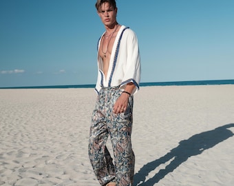 Herren ethnischer Kimono mit Hose, Kimono für Männer, Strand Kimono Männer, Geschenk für ihn, Strandbekleidung, Festival Outfit, Festival Kleidung, einzigartige Herrenbekleidung