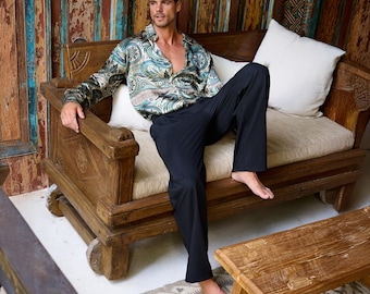 Oasis Nomad Shirt – Relaxed Fit, Bali Silk Blend, Ethnic Desert Motifs, Luxe Texture, Emerald Earth Tones, Statement Style,