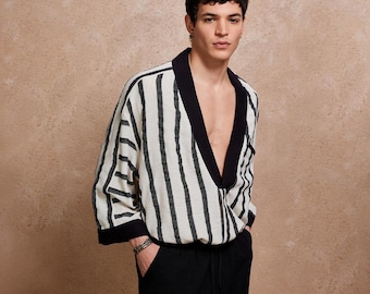Noir Deep V Kaftan – Bohemian Oversize Tunic for Men | Cotton-Linen Blend | Summer Festival wear | Deep V Neck Kimono Shirt,Ethnic Shirt
