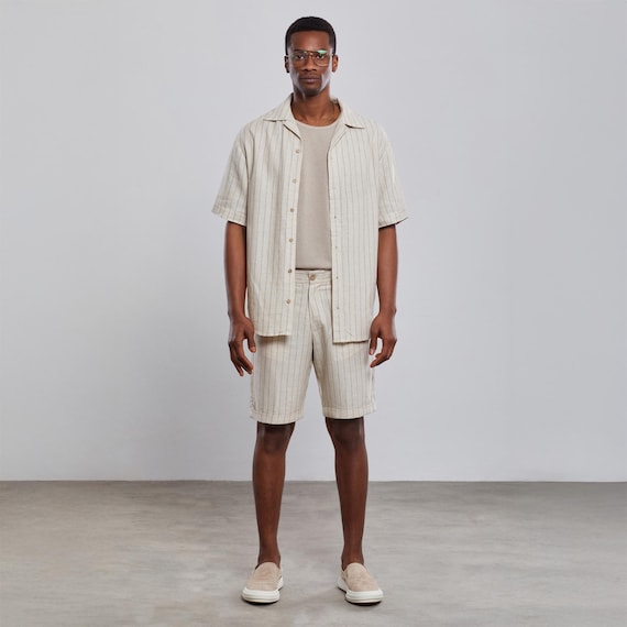 Striped 100% Linen Set-Summer Outfit,Casual Beachwear,Vacation Style,Summer Clothing, Linen clothing for men, Summer Shirt,Festival Style