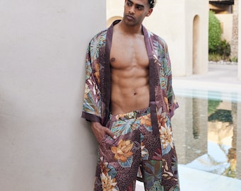 Silk mens kimono,Men&#39;s kimono,Boheme dressing gown for man,Long satin bathrobe,Bohemian dressing gown,Long silky robe,Floral Kimono