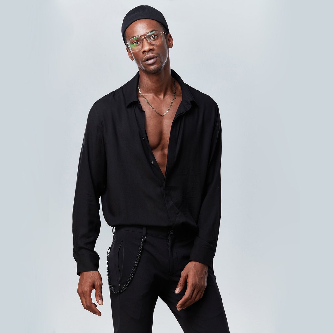 Black Long Sleeve Shirt - Viscose Fabric, Minimalist, Stylish Shirt ...