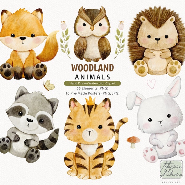 Watercolor Woodland Animals Clipart, Animals Wall art, Nursery decor, squirrel, bear, fox, owl, hedgehog, rabbit, deer, raccoon, tiger, lion