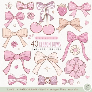 May include: A set of 40 pink and white ribbon bows, featuring a variety of patterns and designs, including polka dots, stripes, and checkered patterns. The bows are hand-drawn and ideal for adding a touch of whimsy to any project.