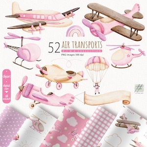 Watercolor Air Transport Clipart, Pink Air Transport, Airplane Clipart, Helicopter hot air balloon zeppelin PNG, Baby Shower Girl Clipart