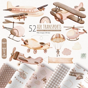 Watercolor Air Transport Clipart, Boho Air Transport, Airplane Clipart, Helicopter hot air balloon zeppelin PNG, Baby Shower Clipart PNG